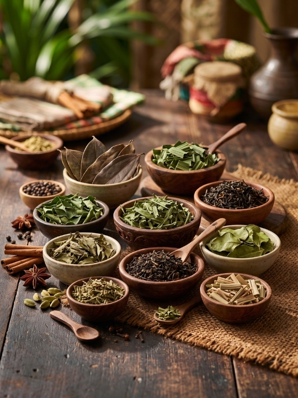 Naturally dried curry, moringa, and pandan leaves