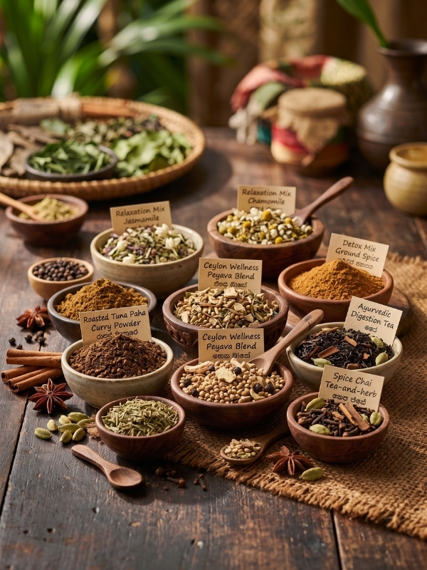 Collection of wellness herbal blends in glass jars
