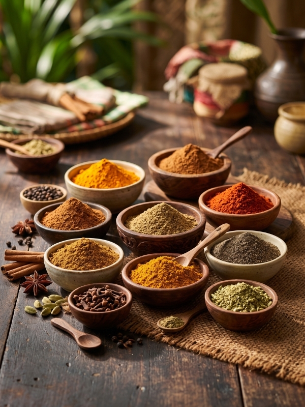 Vibrant assortment of Ceylon spice powders in bowls